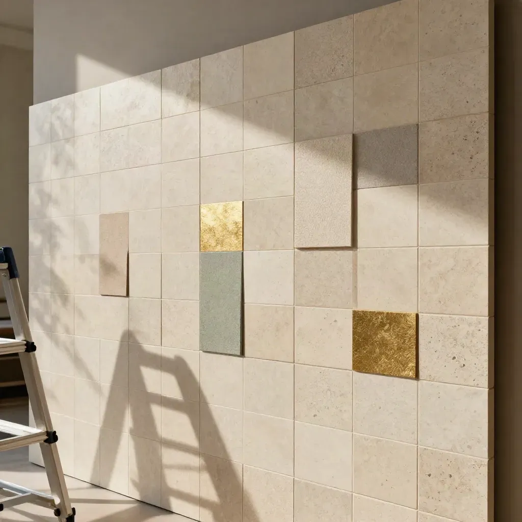 Parete di moduli competenze in travertino con swatch tessili e ombra di pianta