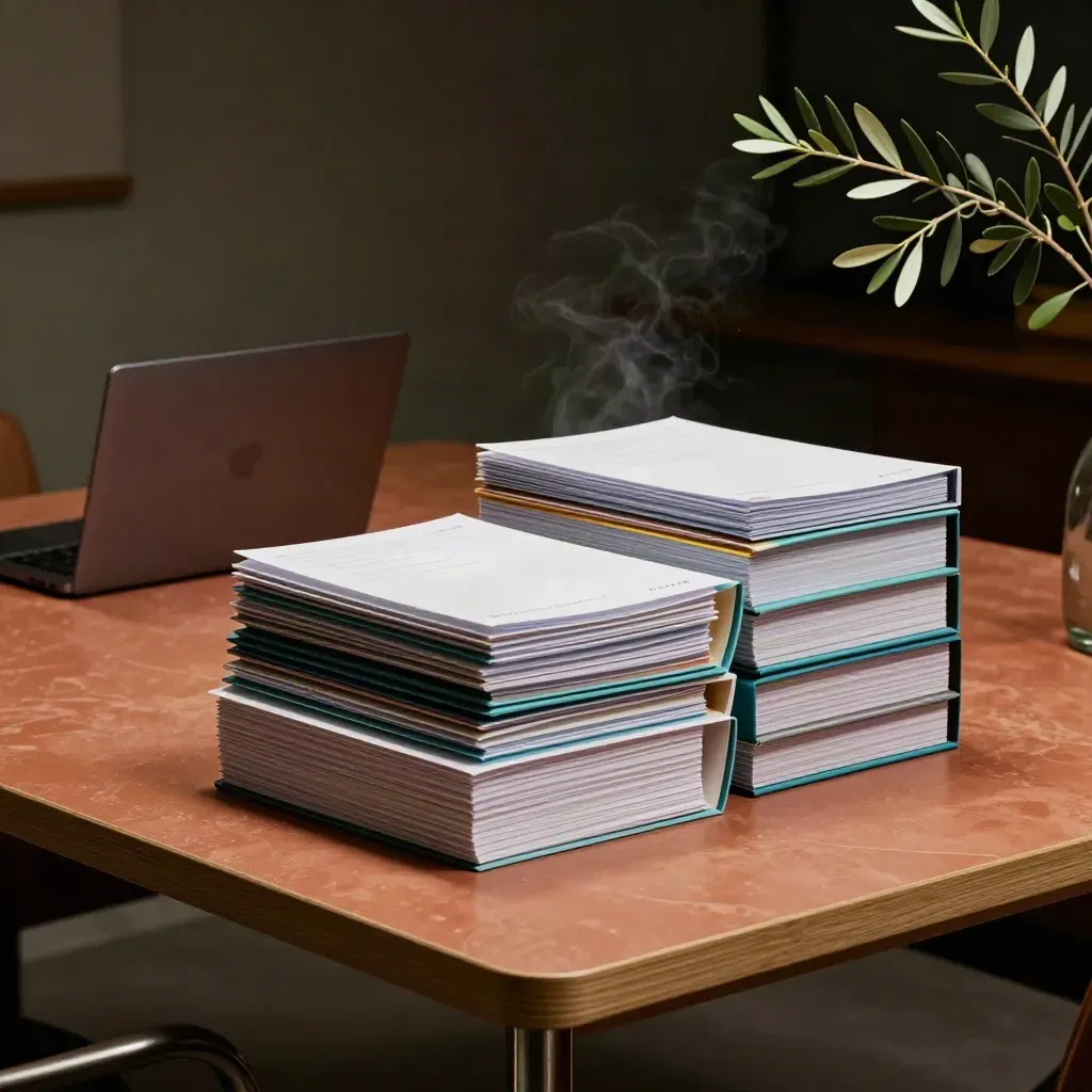 Cartelle a gradini, laptop chiuso e ramo d’ulivo su tavolo terracotta in una sala riunioni.