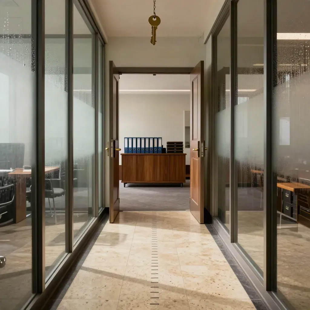 Corridoio HR vetrato con raccoglitori chiusi e sala riunioni in fondo, luce dorata radente.