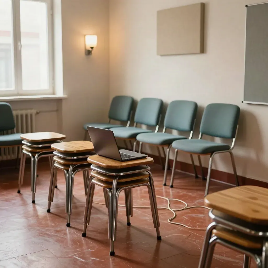 Sala formazione vuota con sedie in arco, laptop chiuso e luce calda del pomeriggio.