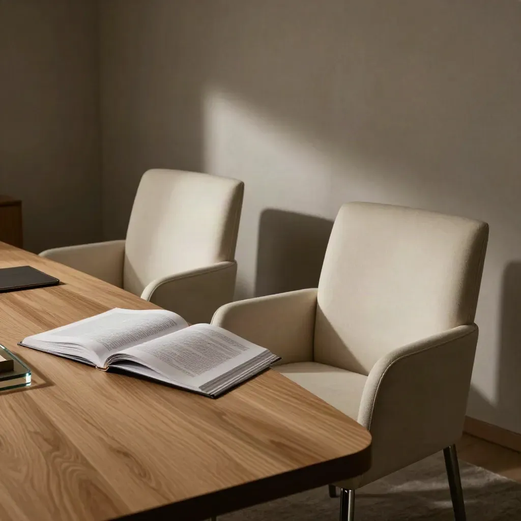 Ufficio privato con due sedie vuote e portfolio aperto su tavolo, luce serale drammatica.