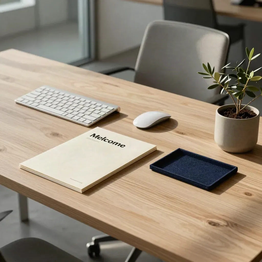 Scrivania pronta per l’onboarding con kit sigillato, tastiera e pianta, in ufficio moderno.